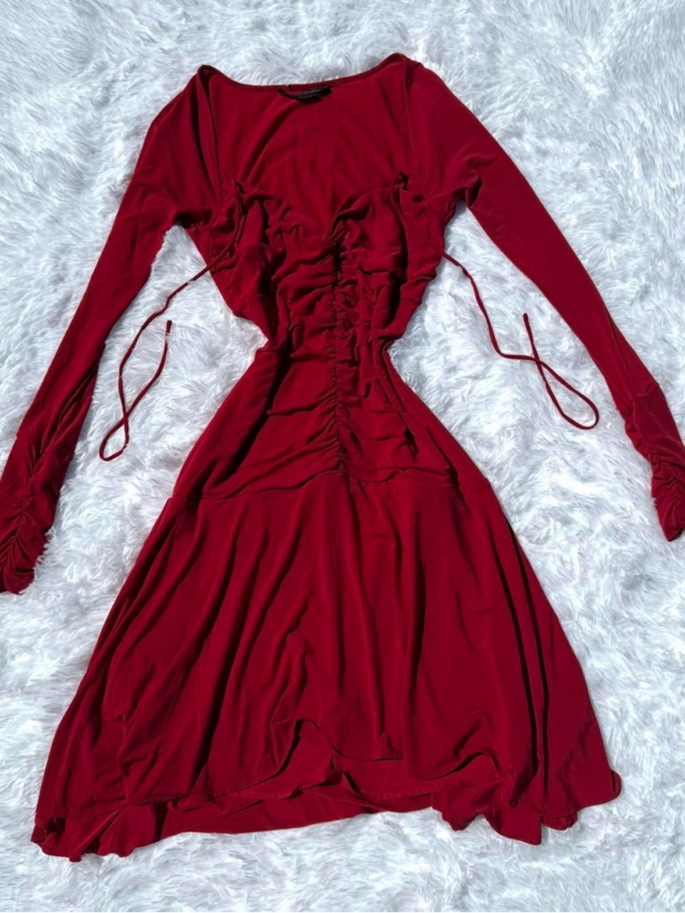 BCBGMaxAzria Ruched Long-Sleeve Midi Dress in Deep Red
